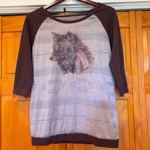 We The Free by Free People Burnout Wolf Raglan 3/4 Sleeve T-Shirt, Large, Brown